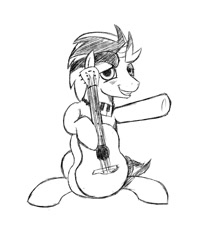 Size: 938x1125 | Tagged: safe, artist:cottonsulk, imported from derpibooru, oc, oc only, oc:vocal score, pony, guitar, male, monochrome, musical instrument, simple background, solo, stallion, white background