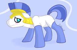 Size: 1000x648 | Tagged: safe, artist:cottonsulk, imported from derpibooru, earth pony, pony, blushing, clothes, male, royal guard, socks, solo, stallion