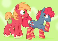 Size: 800x565 | Tagged: safe, artist:cottonsulk, imported from derpibooru, apple split, big macintosh, earth pony, pony, apple family member, clothes, duo, male, socks, stallion, striped socks