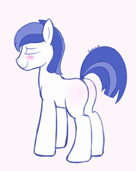 Size: 590x743 | Tagged: safe, artist:cottonsulk, imported from derpibooru, earth pony, pony, blushing, butt, butt blush, dock, eyes closed, male, pink background, plot, royal guard, simple background, solo, stallion, tail