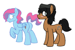 Size: 750x500 | Tagged: safe, artist:cottonsulk, imported from derpibooru, oc, oc only, oc:double scoop, oc:shep, earth pony, pegasus, pony, blushing, butt, duo, looking away, male, plot, raised leg, scrunchy face, simple background, stallion, white background