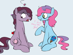 Size: 500x379 | Tagged: safe, artist:cottonsulk, imported from derpibooru, oc, oc only, oc:cottonsulk, oc:double scoop, earth pony, pony, spider, duo, male, sitting, stallion