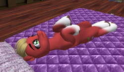 Size: 825x483 | Tagged: safe, imported from derpibooru, sprout cloverleaf, earth pony, pony, 3d, bed, bored, g5, lying down, male, on back, second life, solo, stallion