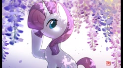 Size: 2000x1100 | Tagged: safe, artist:hosikawa, imported from derpibooru, rarity, pony, unicorn, female, flower, looking at you, looking back, looking back at you, mare, smiling, smiling at you, solo, underhoof