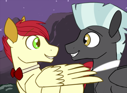 Size: 800x584 | Tagged: safe, artist:cottonsulk, imported from derpibooru, care package, special delivery, thunderlane, pegasus, pony, bowtie, duo, gay, looking at each other, looking at someone, male, stallion