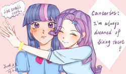 Size: 980x576 | Tagged: safe, artist:ecor土土, imported from derpibooru, rarity, twilight sparkle, human, equestria girls, dialogue, duo, engrish, eyes closed, female, grammar error, lesbian, light skin, rarilight, shipping, speech bubble, thought bubble