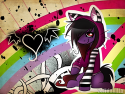 Size: 2000x1500 | Tagged: safe, artist:zeffdakilla, imported from derpibooru, oc, oc:frankie fang, pegasus, pony, cat hoodie, clothes, emo, heart, hoodie, looking at you, male, rainbow, raised hoof, scene, scene kid, sitting, smiling, solo