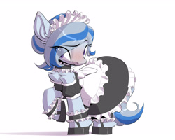 Size: 2953x2362 | Tagged: safe, alternate version, artist:castle bravo, imported from derpibooru, oc, oc only, oc:yvonne.k waverhoof, earth pony, pony, choker, clothes, cuffs (clothes), dress, eye clipping through hair, female, hoof shoes, maid, maid headdress, simple background, solo, white background