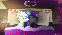 Size: 7680x4320 | Tagged: safe, artist:etheria galaxia, imported from derpibooru, oc, oc only, oc:etheria galaxia, oc:scratch wub, alicorn, pony, unicorn, absurd resolution, alicorn oc, bed, bedroom, cuddling, cuddling in bed, curved horn, duo, holiday, horn, in bed, rose petals, unicorn oc, valentine's day