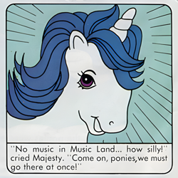 Size: 600x600 | Tagged: artist needed, safe, imported from derpibooru, majesty, pony, unicorn, comic:my little pony (g1), dialogue, female, g1, mare, merry music, official comic, scan, solo, upscaled