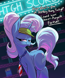 Size: 1000x1200 | Tagged: safe, artist:rocket-lawnchair, imported from derpibooru, trixie, pony, unicorn, american flag, billy mitchell, dialogue, donkey kong, donkey kong (series), female, implied twilight sparkle, lidded eyes, mare, necktie, smiling, smirk, solo, video game, visor cap