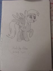 Size: 2736x3648 | Tagged: safe, artist:azhu, imported from derpibooru, derpy hooves, ditzy doo, pegasus, pony, raised hoof, solo, spread wings, traditional art, wings