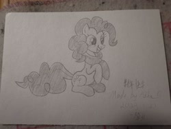 Size: 3648x2736 | Tagged: safe, artist:azhu, imported from derpibooru, pinkie pie, earth pony, pony, clothes, raised hoof, scarf, sitting, smiling, solo, traditional art, winter