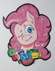 Size: 1577x2048 | Tagged: safe, artist:raph13th, imported from derpibooru, pinkie pie, earth pony, pony, bust, candy, female, food, mare, marker drawing, one eye closed, simple background, smiling, solo, traditional art, white background, wink