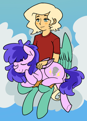 Size: 905x1257 | Tagged: safe, artist:/d/non, imported from derpibooru, plumberry, oc, oc:gale, pegasus, pony, satyr, blonde, blushing, canon x oc, clothes, cloud, duo, eyes closed, offspring, older, older plumberry, on a cloud, pants, parent:zephyr breeze, petting, purple hair, shirt, sitting, sitting on a cloud, sitting on lap, sleeping, smiling