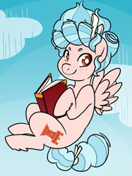 Size: 1247x1671 | Tagged: safe, artist:/d/non, imported from derpibooru, cozy glow, pegasus, pony, blushing, book, bow, cloud, cozybetes, cute, falling, freckles, looking at you, reading, smiling, solo, spread wings, wings