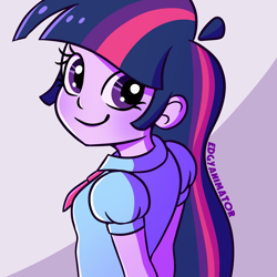 Size: 2000x2000 | Tagged: safe, artist:edgyanimator, derpibooru exclusive, imported from derpibooru, twilight sparkle, human, equestria girls, blushing, cel shading, clothes, cute, female, hime cut, looking at you, looking back, looking back at you, purple background, purple eyes, purple hair, purple skin, shading, simple background, smiling, smiling at you, solo, twiabetes