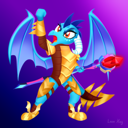 Size: 2500x2500 | Tagged: safe, artist:leonkay, imported from derpibooru, princess ember, dragon, armor, bloodstone scepter, dragon armor, dragon lord ember, dragoness, female, fist, gradient background, high res, raised arm, solo