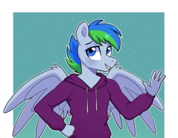 Size: 963x748 | Tagged: safe, artist:darkynez, imported from derpibooru, oc, oc only, anthro, blushing, clothes, hoodie, looking at you, smiling, solo, spread wings, waving, wings