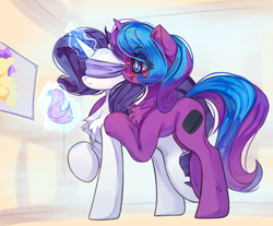Size: 4096x3394 | Tagged: safe, artist:jfrxd, imported from derpibooru, rarity, oc, oc:scribble script, pony, unicorn, blindfold, chest fluff, commission, glasses, glowing, glowing horn, high res, horn, magic, magic aura, pin the tail on the pony, telekinesis, unicorn oc