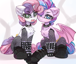 Size: 4096x3476 | Tagged: safe, artist:jfrxd, imported from derpibooru, sweetie belle, oc, oc:sweetie swirl, bat pony, pony, unicorn, bat pony oc, bat wings, blue eyes, boots, chest fluff, choker, clothes, commission, emo, eyebrows, eyebrows visible through hair, eyelashes, eyeliner, fangs, female, filly, fishnets, foal, green eyes, lidded eyes, looking at you, makeup, open mouth, shoes, spiked choker, spiked wristband, tail, two toned mane, two toned tail, wings, wristband