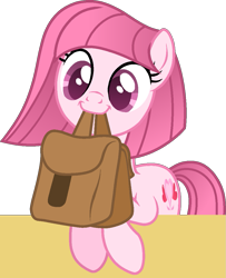 Size: 917x1131 | Tagged: safe, artist:persephoneiabases, artist:tanahgrogot, imported from derpibooru, oc, oc only, oc:annisa trihapsari, earth pony, pony, bag, base used, cute, earth pony oc, female, looking down, mare, medibang paint, ocbetes, simple background, smiling, solo, to saddlebags and back again, transparent background, vector