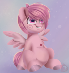 Size: 1948x2064 | Tagged: safe, artist:joaothejohn, imported from derpibooru, oc, oc only, oc:cottoncandy, pegasus, pony, commission, cute, heart, hooves, looking up, pegasus oc, pink, simple background, sitting, smiling, wings