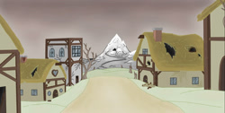 Size: 1645x828 | Tagged: safe, artist:nismorose, imported from derpibooru, abandoned, apocalypse, background, cave, end of the world, house, mountain, ponyville, red sky, snow