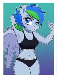 Size: 430x592 | Tagged: safe, artist:darkynez, imported from derpibooru, oc, oc only, anthro, belly button, bra, breasts, cleavage, clothes, ear piercing, earring, female, gradient background, grin, jewelry, legs together, looking at you, midriff, one eye closed, panties, piercing, smiling, smiling at you, solo, spread wings, underwear, wings, wink, winking at you