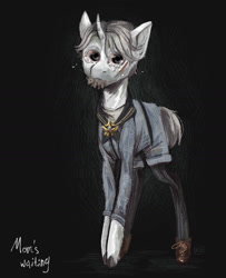 Size: 1327x1635 | Tagged: safe, artist:karamboll, imported from derpibooru, pony, unicorn, aesop carl, bangs, clothes, crossover, crying, cut, foal, identity v, injured, skinny, solo, standing, tall, teary eyes, toy
