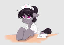 Size: 1080x769 | Tagged: safe, artist:cirtierest, imported from derpibooru, octavia melody, earth pony, pony, blushing, chest fluff, clothes, eyebrows, eyebrows visible through hair, floppy ears, hat, nurse, nurse hat, nurse outfit, simple background, solo