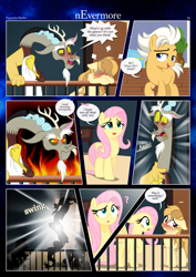 Size: 3259x4607 | Tagged: safe, artist:estories, imported from derpibooru, discord, fluttershy, oc, oc:alice goldenfeather, oc:fable, draconequus, earth pony, pegasus, pony, comic:nevermore, ..., accidental innuendo, blushing, comic, crying, fire, not what it looks like, onomatopoeia, open mouth, pegasus oc, question mark, red eyes, red eyes take warning, sleeping, sound effects, speech bubble, we don't normally wear clothes