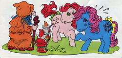 Size: 1040x500 | Tagged: artist needed, safe, imported from derpibooru, cherries jubilee, earth pony, human, pony, comic:my little pony (g1), bow, bow tie (g1), emanata, female, g1, humanoid, male, mare, official comic, scan, tail, tail bow, the curious riddles, trio focus, troll (fantasy), unnamed character, upscaled, wanda the wicked witch, witch, witch wanda
