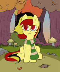 Size: 467x560 | Tagged: safe, artist:amateur-draw, imported from derpibooru, oc, oc only, oc:chocolate sweets, earth pony, pony, animated, autumn, belgium, clothes, falling leaves, female, forest, forest background, gif, leaves, mare, mushroom, red eyes, scarf, solo, striped scarf, wind, windswept mane