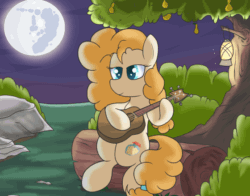 Size: 560x438 | Tagged: safe, artist:amateur-draw, imported from derpibooru, pear butter, earth pony, pony, acoustic guitar, animated, cottagecore, cutie mark, female, frame by frame, full moon, gif, guitar, lantern, mare, mare in the moon, moon, mother, musical instrument, pear tree, playing, scenery, sitting, solo, tree
