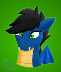 Size: 502x591 | Tagged: safe, artist:exobass, imported from derpibooru, oc, oc only, oc:exobass, dragon, confused, dragonified, eyelashes, fangs, female, furry, green background, lineless, simple background, solo, species swap
