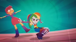 Size: 1280x720 | Tagged: safe, imported from derpibooru, screencap, rainbow dash, scootaloo, human, eqg summertime shorts, equestria girls, raise this roof, bare shoulders, belt, belt buckle, boots, breakdancing, clothes, cutie mark on clothes, dancing, devil horn (gesture), dress, duo, duo female, fall formal outfits, female, fingerless gloves, gloves, shoes, sleeveless, smiling, smirk