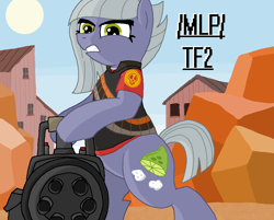 Size: 1067x858 | Tagged: safe, artist:legendoflink, imported from derpibooru, limestone pie, earth pony, /mlp/ tf2 general, ammunition belt, angry, bipedal, bullet, clothes, female, heavy weapons guy, hoof hold, mare, minigun, ms paint, rock, solo, sun, team fortress 2, text, weapon