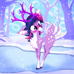 Size: 2500x2500 | Tagged: safe, artist:rurihal, imported from derpibooru, part of a set, twilight sparkle, deer, deer pony, original species, blushing, chest fluff, cloven hooves, cute, deerified, deerlight sparkle, ear fluff, female, looking back, snow, snowfall, solo, species swap, tail, tail wag, twiabetes, winter