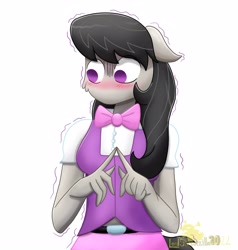 Size: 2732x2870 | Tagged: safe, artist:lordshrekzilla20, imported from derpibooru, octavia melody, anthro, earth pony, anime, anime style, blushing, clothes, equestria girls outfit, female, fingers together, komi can't communicate, nervous, no mouth, no nose, no pupils, simple background, solo, tavi can't communicate