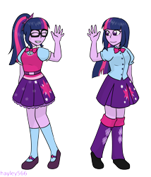 Size: 2299x2686 | Tagged: safe, artist:hayley566, imported from derpibooru, sci-twi, twilight sparkle, human, equestria girls, clothes, duo, female, sci-twi outfits, simple background, skirt, transparent background, twolight, waving