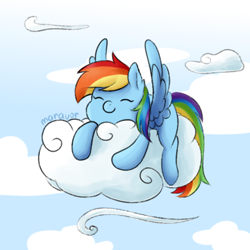 Size: 500x500 | Tagged: safe, artist:maravor, imported from derpibooru, rainbow dash, pegasus, pony, cloud, cute, daaaaaaaaaaaw, dashabetes, eyes closed, female, lying down, on a cloud, prone, smiling, solo, spread wings, weapons-grade cute, wings