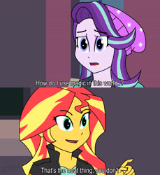 Size: 3840x4200 | Tagged: safe, artist:altynp, imported from derpibooru, starlight glimmer, sunset shimmer, human, equestria girls, mirror magic, spoiler:eqg specials, beanie, dialogue, duo, female, hat, invincible, meme, parody, ponified meme, scene parody