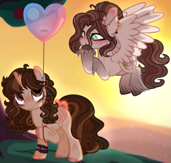 Size: 1375x1309 | Tagged: safe, artist:xxcheerupxxx, imported from derpibooru, oc, oc only, pegasus, pony, unicorn, artificial wings, augmented, balloon, base used, female, flying, heart, heart balloon, magic, magic wings, mare, wings