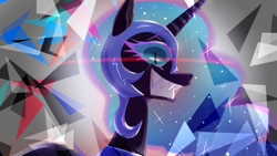 Size: 1920x1080 | Tagged: safe, artist:jully-park, imported from derpibooru, nightmare moon, alicorn, pony, colored eyelashes, digital art, ethereal mane, female, glowing, glowing eyes, helmet, horn, mare, sharp teeth, slit pupils, solo, starry mane, teeth