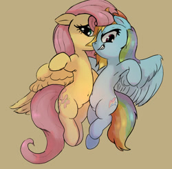Size: 1738x1704 | Tagged: safe, artist:mandumustbasukanemen, imported from derpibooru, fluttershy, rainbow dash, pony, armpits, belly, belly button, duo, embrace, featureless crotch, female, flutterdash, holding a pony, inviting you, lesbian, looking at you, pubic mound, shipping, simple background