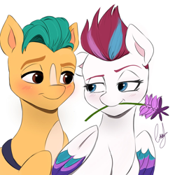Size: 1378x1378 | Tagged: safe, artist:mango_moon190, imported from derpibooru, hitch trailblazer, zipp storm, earth pony, pegasus, pony, blushing, duo, eyebrows, female, flower, flower in mouth, folded wings, g5, hitchzipp, lidded eyes, looking at each other, looking at someone, male, mare, mouth hold, one ear down, raised eyebrow, shipping, signature, simple background, smiling, stallion, straight, white background, wings