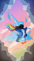 Size: 1080x1920 | Tagged: safe, artist:lumino010, imported from derpibooru, rainbow dash, anthro, pegasus, unguligrade anthro, clothes, cloud, crepuscular rays, eyes closed, feather, female, flying, hoodie, midriff, shorts, sky, solo, spread wings, sunset, sweater, upside down, wings