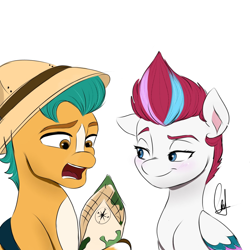 Size: 1378x1378 | Tagged: safe, artist:mango_moon190, imported from derpibooru, hitch trailblazer, zipp storm, earth pony, pegasus, pony, blushing, compass, duo, female, folded wings, g5, hat, hitchzipp, male, map, mare, open mouth, pith helmet, safari hat, shipping, signature, simple background, smiling, smirk, stallion, straight, white background, wings