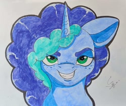 Size: 1949x1644 | Tagged: safe, artist:engi, imported from derpibooru, pony, unicorn, evil grin, female, freckles, g5, grin, misty brightdawn, simple background, smiling, solo, teeth, traditional art, watercolor painting